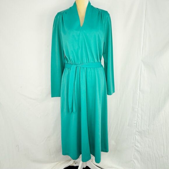 Antthony Richards Women Green Midi Dress V Neck Tie Waist Size 12 Vintage - Picture 2 of 16